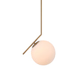 Niori Vetra Opal Glass Pendant Light in brushed gold, featuring a slim angled arm cradling a 30cm opal globe, shown against a white background.