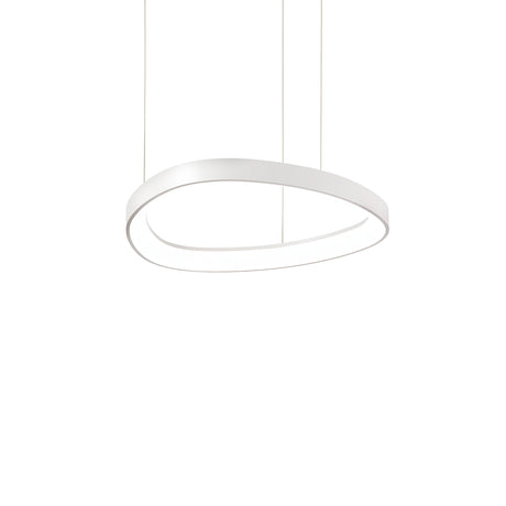 Presenting the Zephra LED Light Suspension 38W 3000K - White, a minimalist pendant featuring an oblong frame in white. Its elegant design captures a modern aesthetic, elegantly suspended by slender wires against a simple white backdrop.