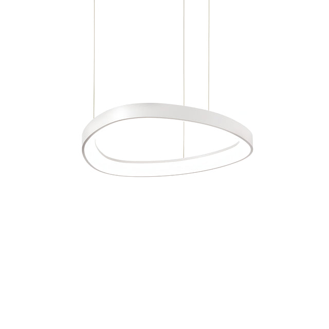 Presenting the Zephra LED Light Suspension 38W 3000K - White, a minimalist pendant featuring an oblong frame in white. Its elegant design captures a modern aesthetic, elegantly suspended by slender wires against a simple white backdrop.