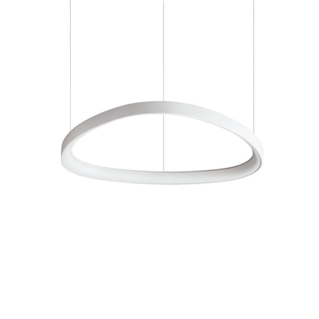 A contemporary, minimalist Zephra LED Light Suspension 48W 3000K - White, 61cm hangs against a plain white background. Its asymmetrical oval shape radiates sleek modern elegance, perfectly integrating with contemporary interior aesthetics.