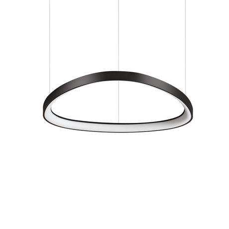 The Zephra LED Light Suspension 48W 3000K in black, measuring 61cm, embodies geometric elegance with its modern oval shape and is suspended from the ceiling by two thin wires. This minimalist lighting piece stands out against a plain white background, offering a sleek and contemporary look with its LED light suspension.