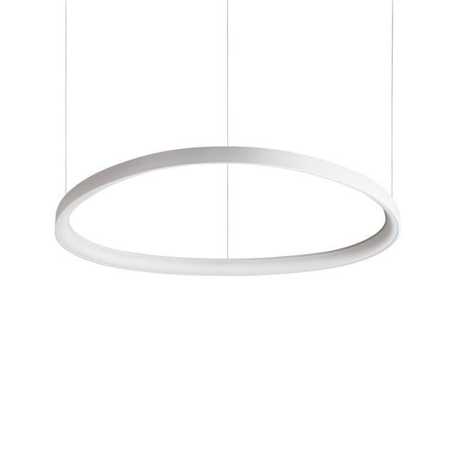 The Zephra LED Light Suspension 59W 3000K in white, measuring 81cm, is a modern circular pendant fixture with a minimalist design that hangs from the ceiling by two thin cables. Equipped with an LED bulb and offering a warm color temperature of 3000K, it combines style with efficient illumination.
