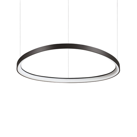 The Zephra LED Light Suspension 59W 3000K - Black, 81cm is a contemporary circular pendant fixture featuring a thin black metal frame and is suspended by two wires. Designed for ambient illumination, it elevates any space with its elegant design and gentle glow, creating a striking contrast against a plain white background.