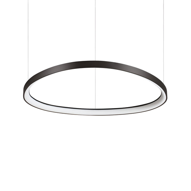 The Zephra LED Light Suspension 59W 3000K - Black, 81cm is a contemporary circular pendant fixture featuring a thin black metal frame and is suspended by two wires. Designed for ambient illumination, it elevates any space with its elegant design and gentle glow, creating a striking contrast against a plain white background.