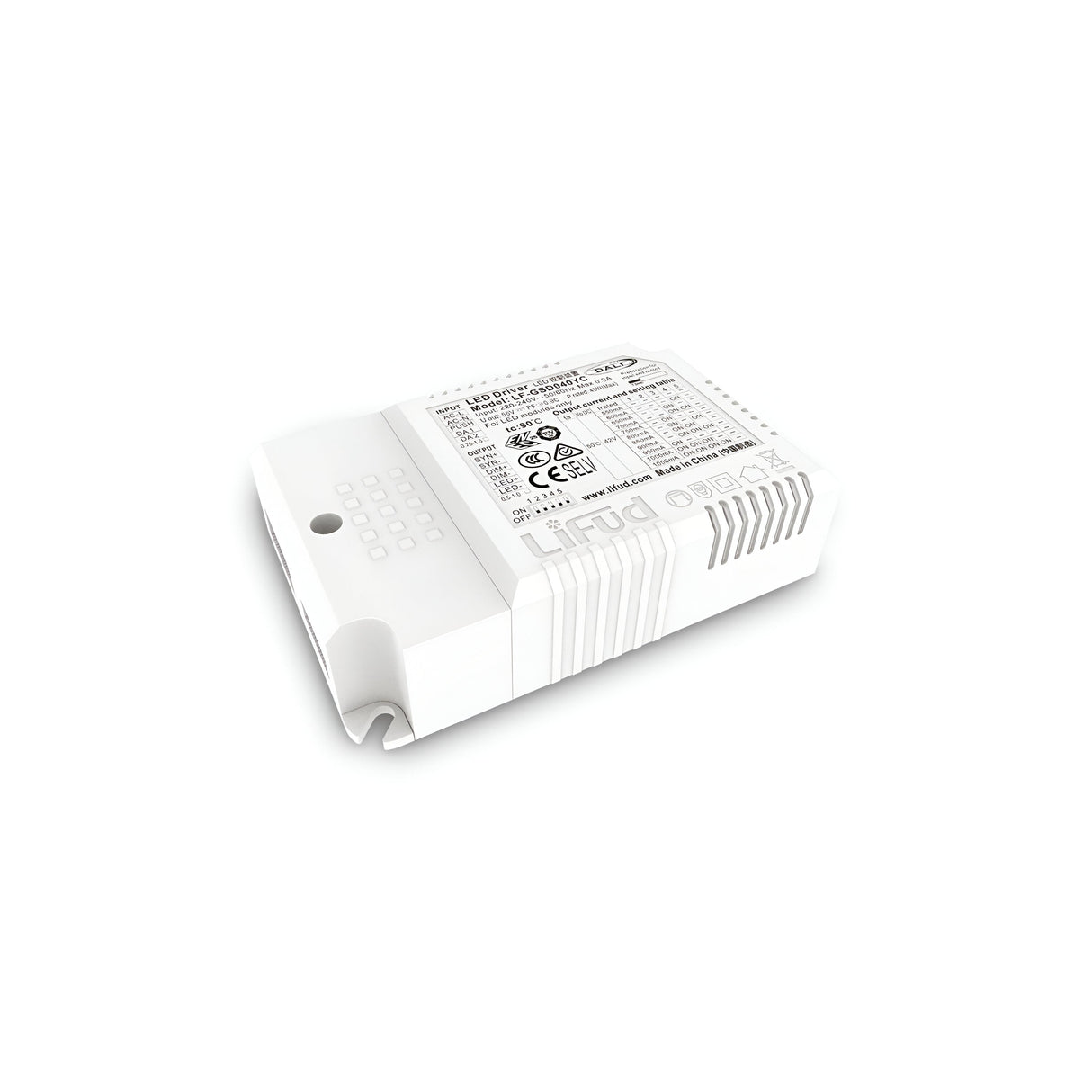 The Omera Constant Current Dimmable LED Panel Driver - 42W displays its printed specifications and logos, numbers, and text on the top. This rectangular device features vent-like patterns along the sides and is set against a pristine white background.