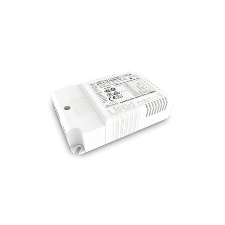 The Omera Constant Current Dimmable LED Panel Driver - 42W displays its printed specifications and logos, numbers, and text on the top. This rectangular device features vent-like patterns along the sides and is set against a pristine white background.