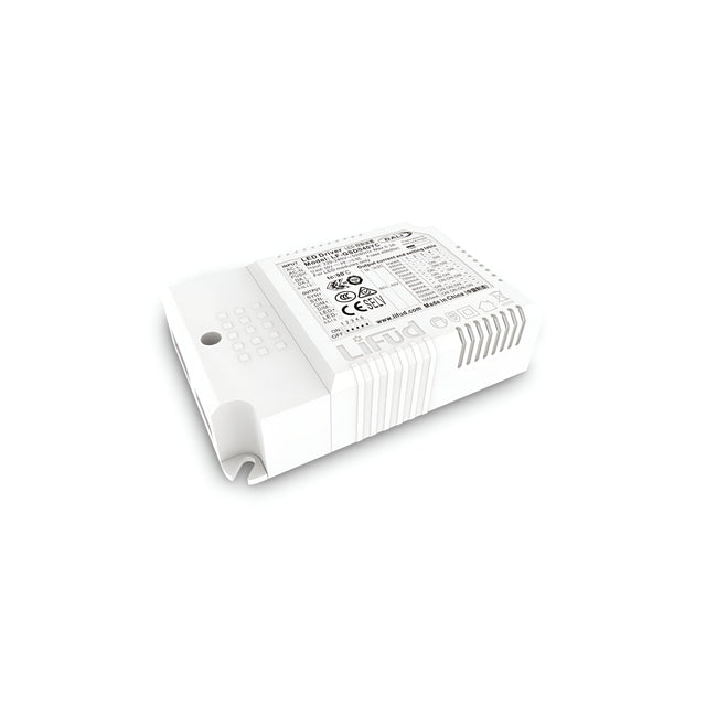 The Omera Constant Current Dimmable LED Panel Driver - 42W displays its printed specifications and logos, numbers, and text on the top. This rectangular device features vent-like patterns along the sides and is set against a pristine white background.