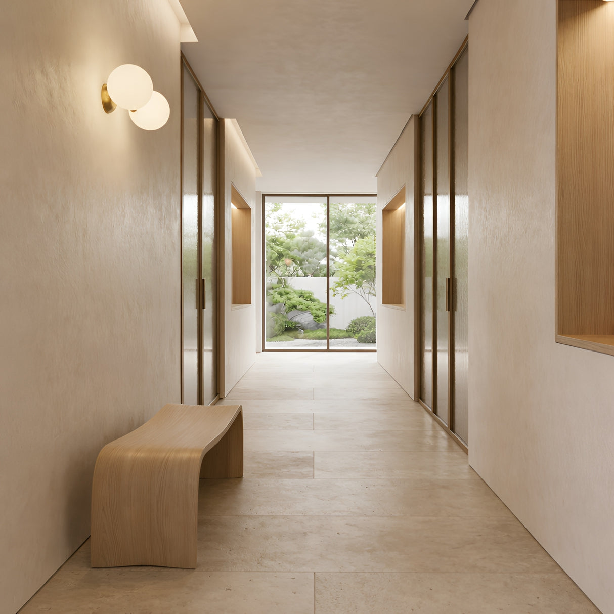 Minimalist hallway with light beige walls and floors, wooden accents, a curved wooden bench, the Vetra 2 Light Opal Glass Wall/Semi-Flush Ceiling Light in gold on the wall, and large glass doors opening to a lush garden.