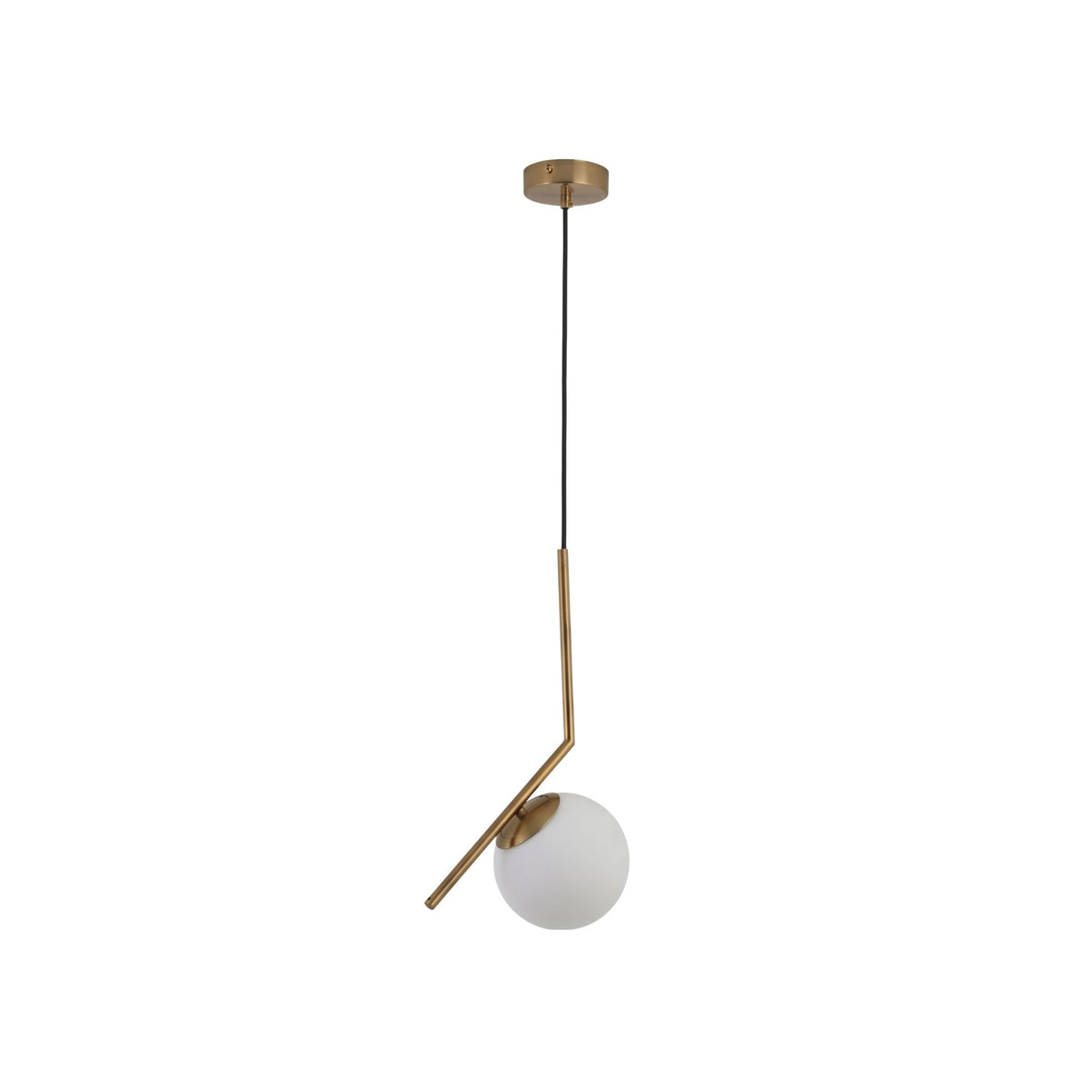 Niori Vetra small pendant light with a bent brushed gold stem cradling a 20cm opal glass globe off-axis, shown on a plain white background.