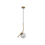 Niori Vetra small pendant light with a bent brushed gold stem cradling a 20cm opal glass globe off-axis, shown on a plain white background.