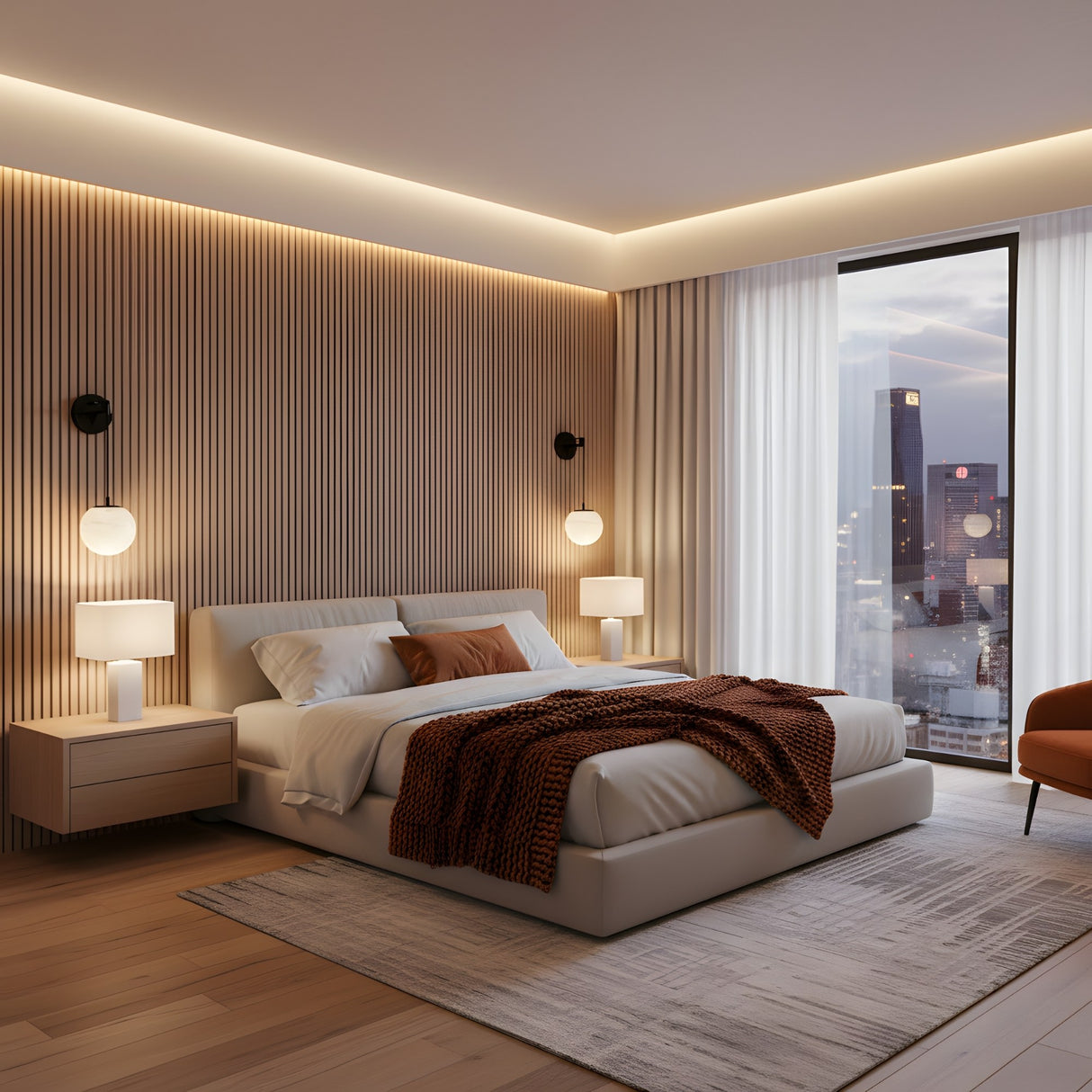 Modern bedroom with a large bed, brown throw blanket, two bedside tables with lamps, wood-paneled wall, matte black wall sconce and Drisa 1 Light Hanging Globe Alabaster Wall Light (Soft White & Matte Black), city view window, white curtains, and warm ceiling lights.
