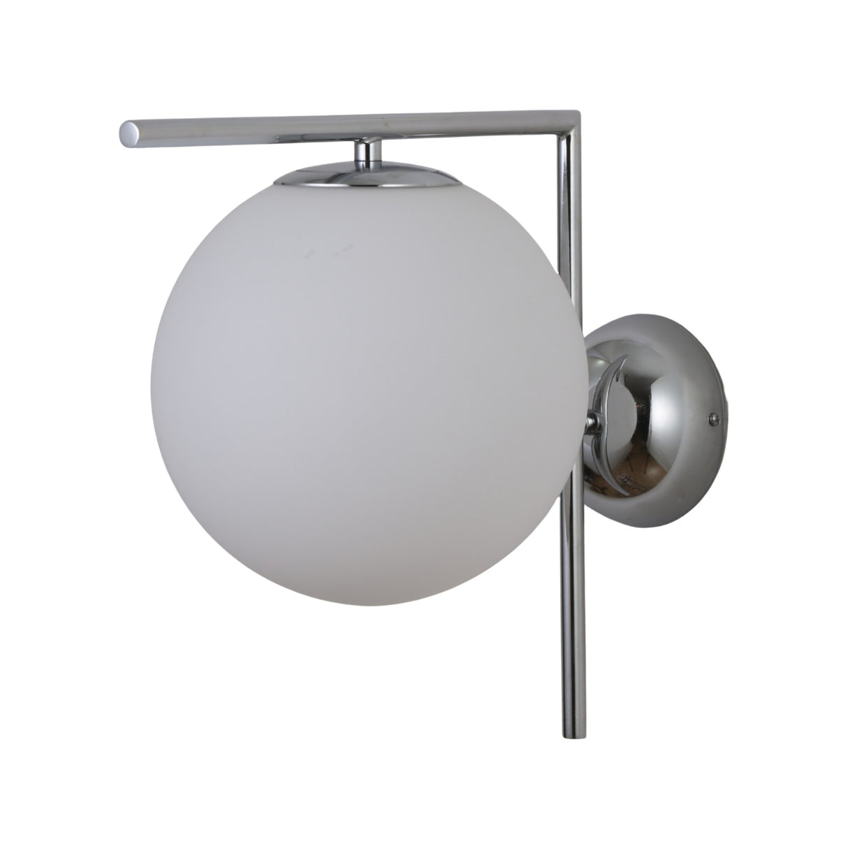 The Vetra 1 Light Opal Glass Wall/Semi-Flush Ceiling Light in grey features a round opal glass shade and a sleek chrome frame on a circular base for a modern look.