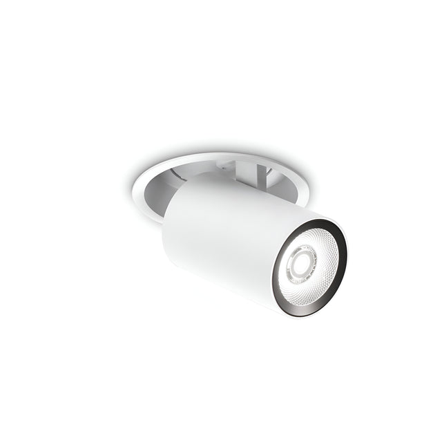 The Solis LED Single Recessed Spotlight 12W in white features a modern cylindrical design with an adjustable 3000K spotlight, set against a plain white background.