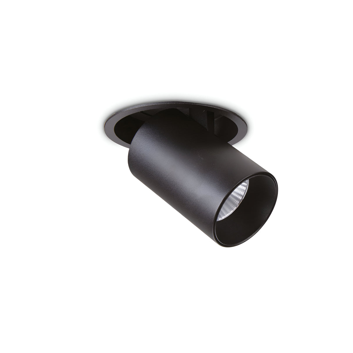 The Solis LED Single Recessed Spotlight 12W in black features a cylindrical design with a downward-facing spotlight, providing adjustable lighting. When installed in a white ceiling and partially embedded, it presents a sleek and modern appearance while emitting a warm glow at a 3000K color temperature.
