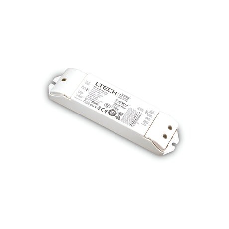 A white Radiara Constant Current Dimmable LED Driver - 36W, 700mA with model number and specifications printed in black text on its surface. The device includes two screw holes on each end for mounting and showcases multiple certification logos.