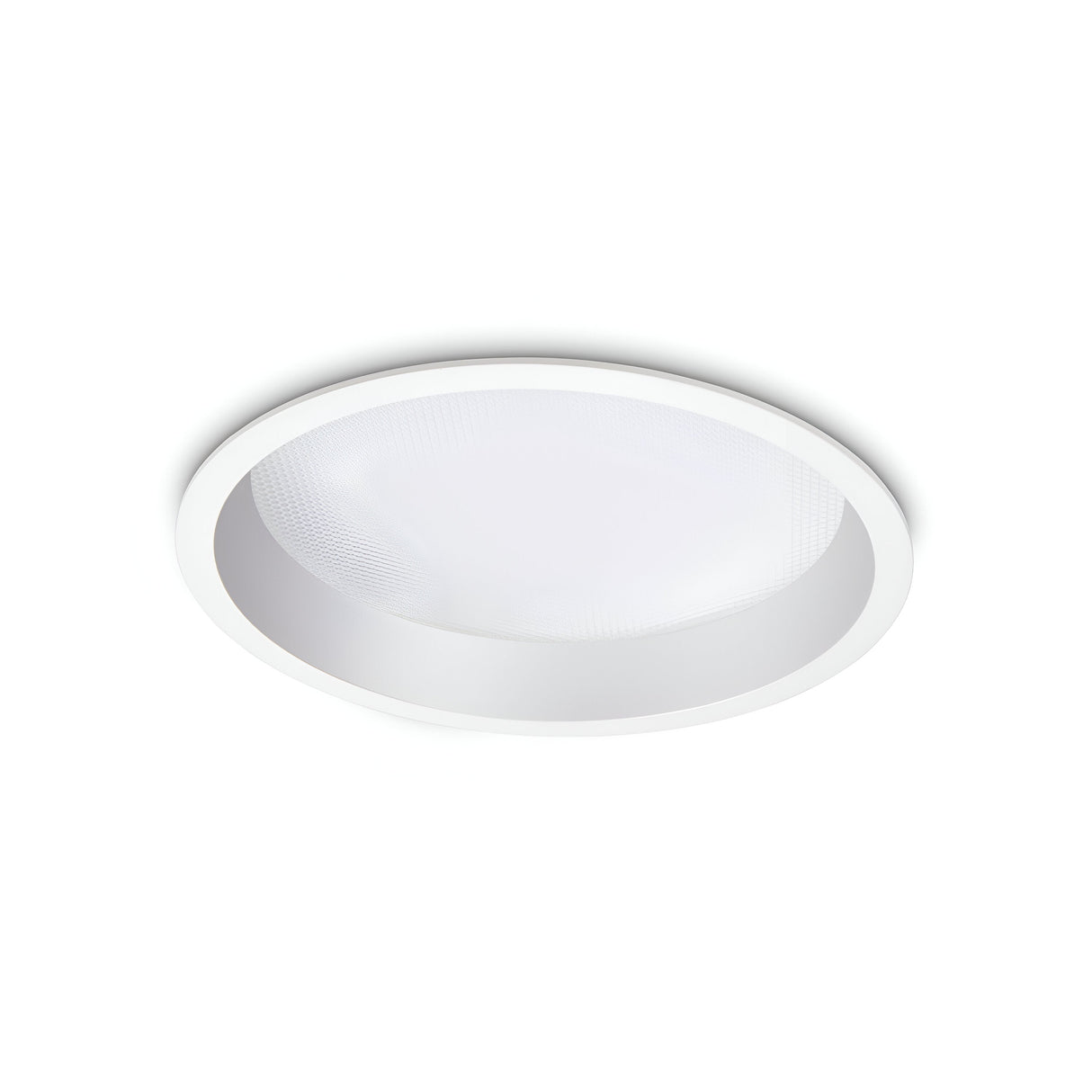 The Eris LED Recessed Downlight - 30W, 3000K in white is featured against a plain white background, showcasing a sleek and modern aesthetic highlighted by its warm glow.
