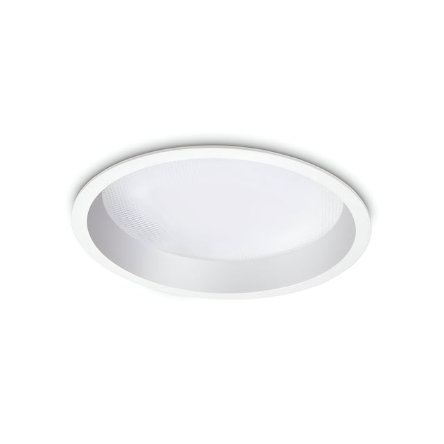 The Eris LED Recessed Downlight - 30W, 3000K in white is featured against a plain white background, showcasing a sleek and modern aesthetic highlighted by its warm glow.