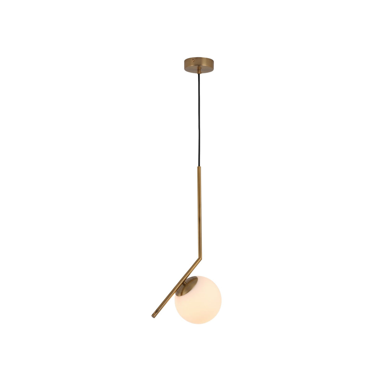 Niori Vetra small pendant light with a white opal glass globe cradled at the bend of a brushed gold metal stem, shown on a plain white background.