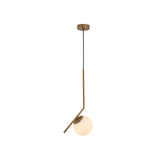 Niori Vetra small pendant light with a white opal glass globe cradled at the bend of a brushed gold metal stem, shown on a plain white background.