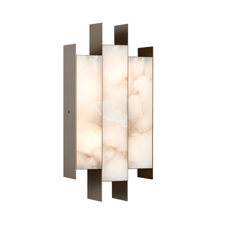 The Tessaro LED Layered Panel Alabaster Wall Light in soft white and black features vertical rectangular panels with a marble-like center and metallic edges, arranged in an alternating contemporary design.