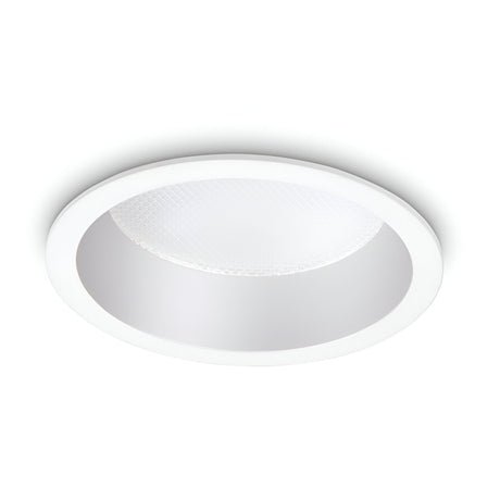 The Eris LED Recessed Downlight - 10W, 3000K, White features a circular trim and textured diffuser, offering warm white light and energy efficiency.