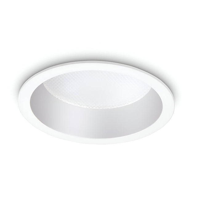 The Eris LED Recessed Downlight - 10W, 3000K, White features a circular trim and textured diffuser, offering warm white light and energy efficiency.