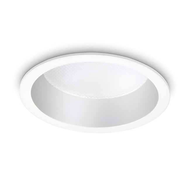 Introducing the Eris LED Recessed Downlight, a modern 10W fixture with a circular shape, smooth frame, and textured interior surface, designed for energy-efficient illumination at 4000K in white.