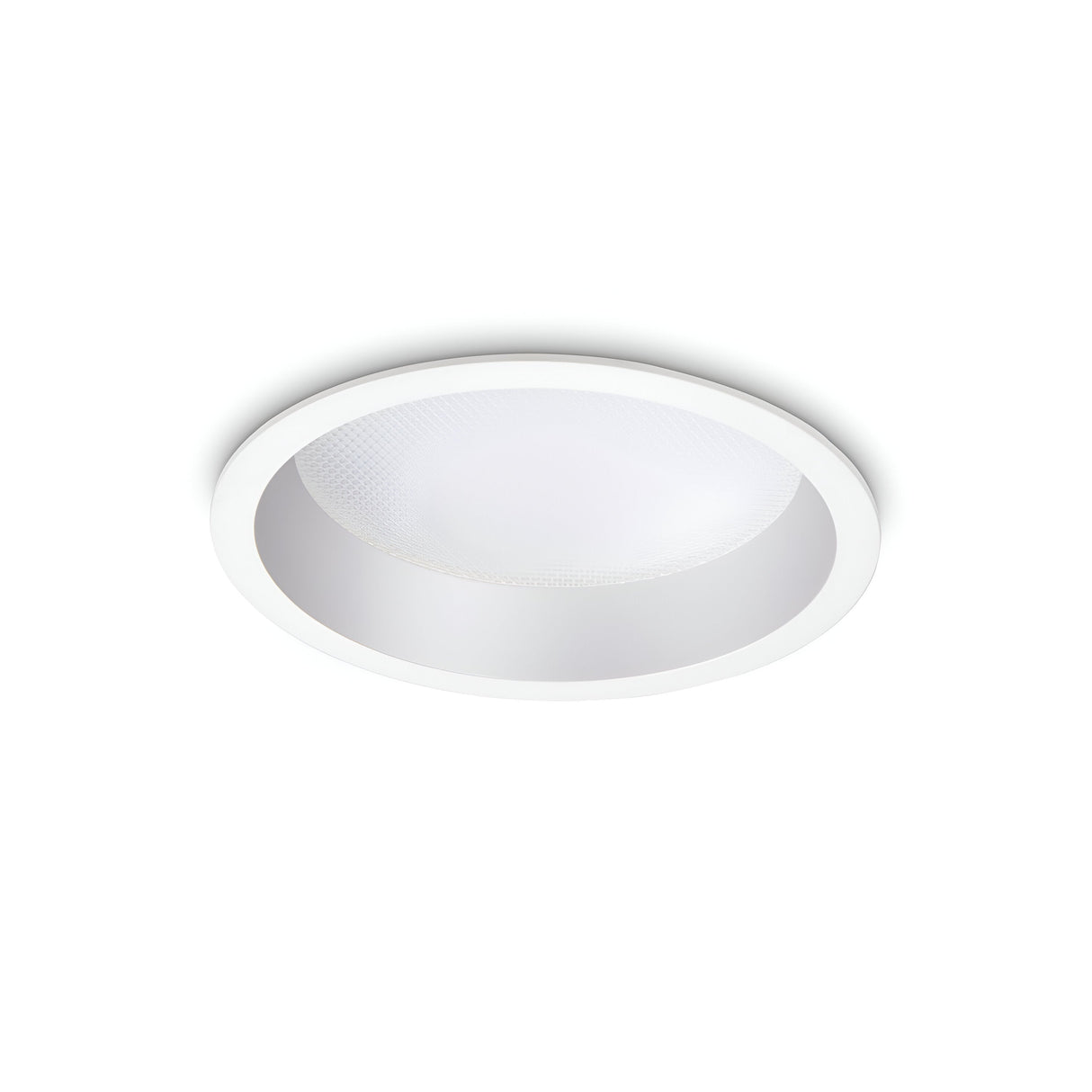 The Eris LED Recessed Downlight - 20W, 3000K, is a white, circular fixture with a smooth and minimalist design, positioned against a plain white background. It features a frosted cover made of glass or plastic, providing an energy-efficient and contemporary look while emitting a warm glow.