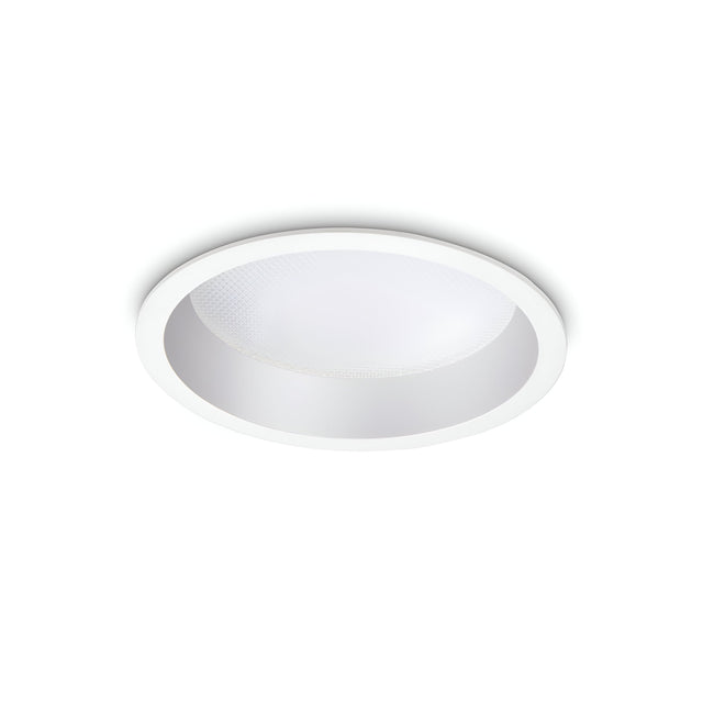 The Eris LED Recessed Downlight - 20W, 3000K, is a white, circular fixture with a smooth and minimalist design, positioned against a plain white background. It features a frosted cover made of glass or plastic, providing an energy-efficient and contemporary look while emitting a warm glow.