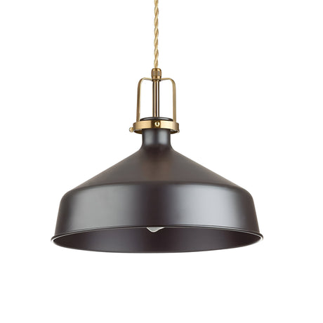 The Fluxion-1 Large 1 Light Pendant - Black features a sophisticated matte black finish combined with a gold-toned metal bracket. Its height can be adjusted, and it elegantly hangs from a textured, twisted rope cord.