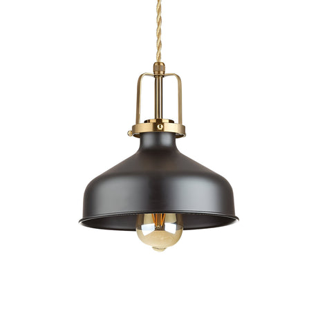 The Fluxion-1 Small 1 Light Pendant in black, featuring brass accents and an exposed bulb, hangs elegantly from a twisted brown cord to highlight its vintage industrial aesthetic. This modern lighting piece seamlessly combines style and function, enhancing any space with character.