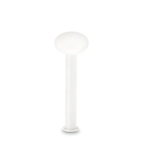 The Photonix Small Outdoor Pedestal Light - White features a modern design with a tall, slender cylindrical base and a round bulbous top, reminiscent of contemporary outdoor lighting, all set against a plain white background.
