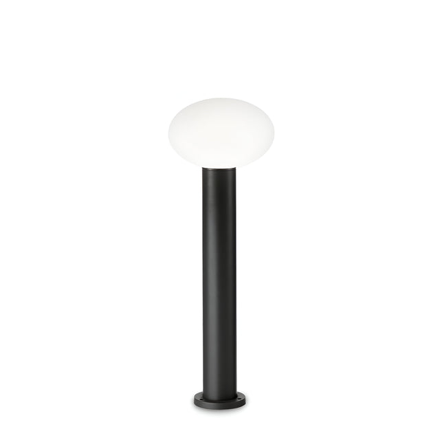 Introducing the Photonix Small Outdoor Pedestal Light - Black, a contemporary lighting solution designed to enhance gardens or pathways. It features a robust aluminum frame with a sleek black cylindrical base and is topped with a frosted white spherical light, embodying modern aesthetics perfectly.
