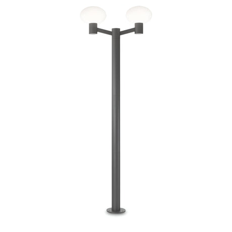 Introducing the Photonix Twin Head Lamp Post in Anthracite, featuring a sleek black pole and two round white globes at the top, making it perfect for outdoor lighting and garden illumination.