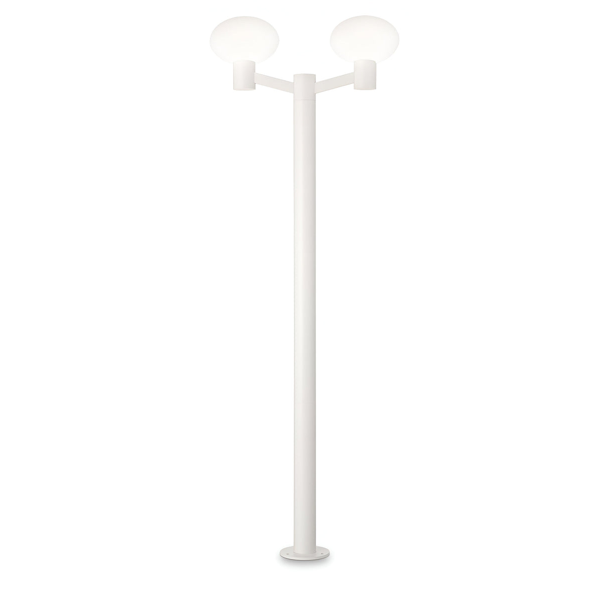 The Photonix Twin Head Lamp Post - White features a sleek, minimalist design with two frosted, round bulbs mounted on a sturdy aluminum frame. Ideal for outdoor illumination, it rests gracefully on a circular base against a simple white backdrop.