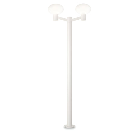 The Photonix Twin Head Lamp Post - White features a sleek, minimalist design with two frosted, round bulbs mounted on a sturdy aluminum frame. Ideal for outdoor illumination, it rests gracefully on a circular base against a simple white backdrop.