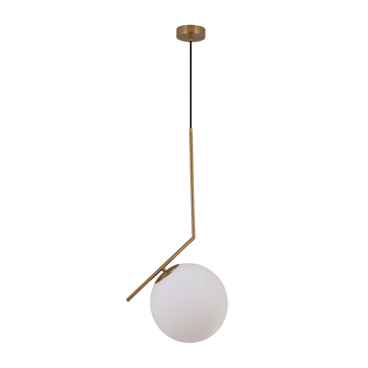 Niori Vetra pendant light with a 30cm opal glass globe offset on an angled brushed gold metal arm and ceiling fixing, shown on a white background.