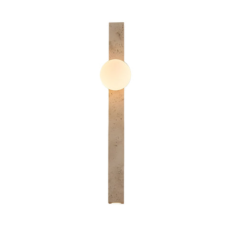 The Selvara 1 Light Vertical Bar Travertine Wall Light in light beige features a textured vertical panel and a central frosted white bulb, offering minimalist, contemporary elegance for any space.