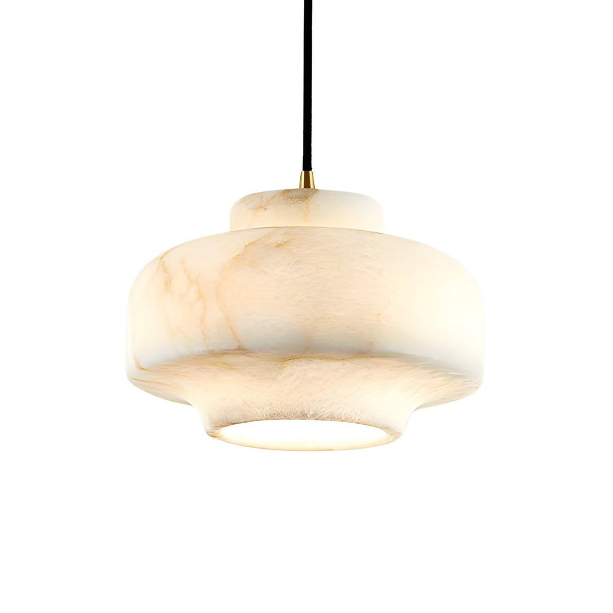 The Doreth 1 Light Small Dome Alabaster Single Pendant Light in soft white and brushed brass features a rounded alabaster shade with subtle veining, hanging elegantly from the ceiling.