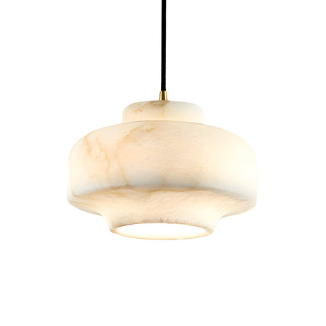 The Doreth 1 Light Small Dome Alabaster Single Pendant Light in soft white and brushed brass features a rounded alabaster shade with subtle veining, hanging elegantly from the ceiling.