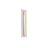 The Averra LED Small Rectangle Alabaster Wall Light features a sleek soft white base with a narrow brass vertical strip, creating a modern look against a plain white background.
