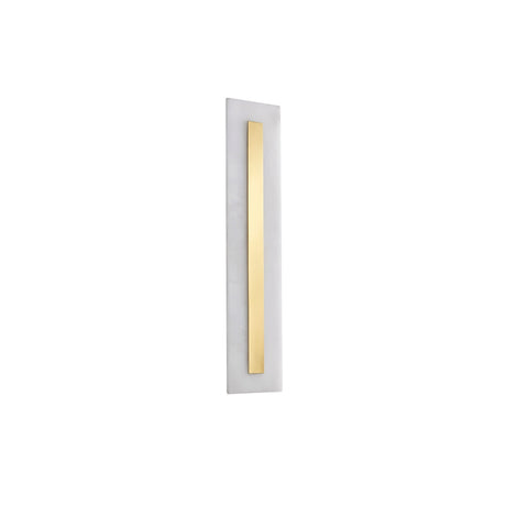 The Averra LED Small Rectangle Alabaster Wall Light features a sleek soft white base with a narrow brass vertical strip, creating a modern look against a plain white background.