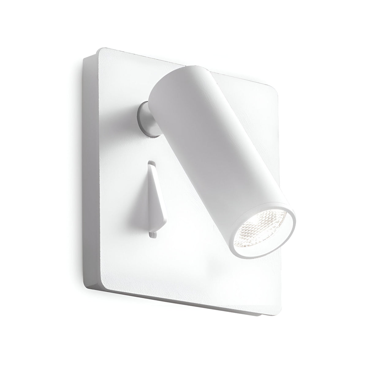 The Ambience LED Wall Spotlight - White showcases a sleek cylindrical design with an adjustable head and diffuser, elegantly set against a white background. This modern lighting piece also features a small switch on its rectangular mounting plate.