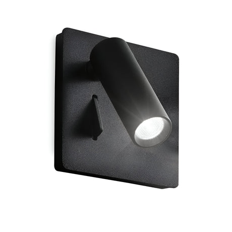 Introducing the Ambience LED Wall Spotlight - Black, a sleek modern lighting fixture featuring a cylindrical design and square base. It projects a bright forward beam, with an adjustable diffuser to ensure optimal illumination.