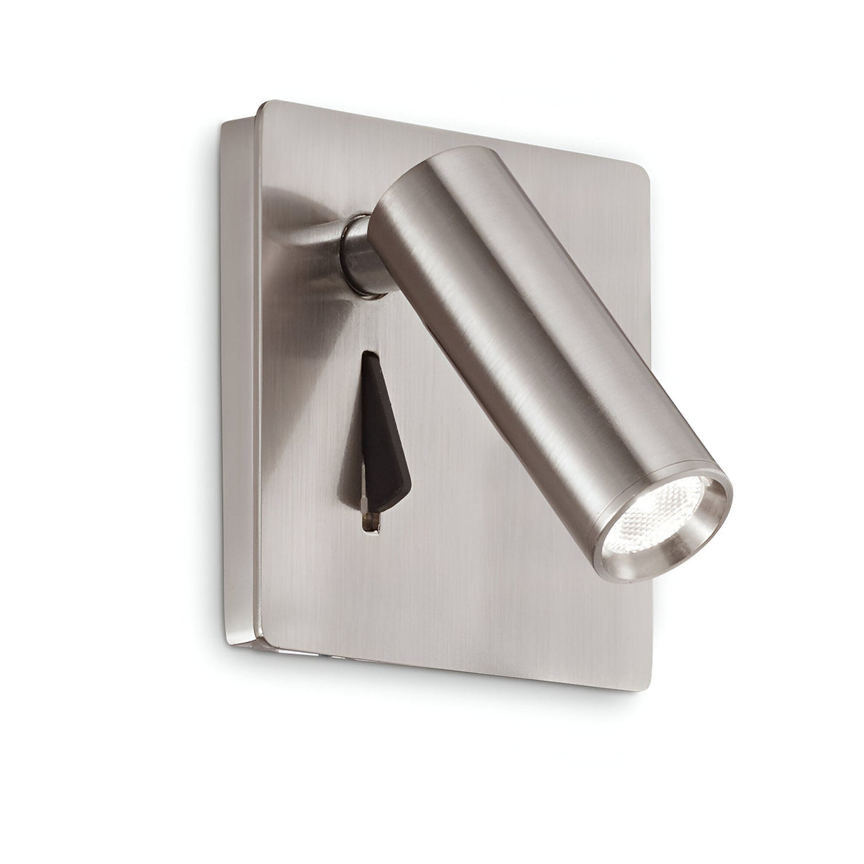 The Ambience LED Wall Spotlight - Nickel features a brushed metal design with a cylindrical shape and polished nickel finish, extending from a rectangular base. It offers adjustable lighting angled downward and includes a small on/off switch on the base.