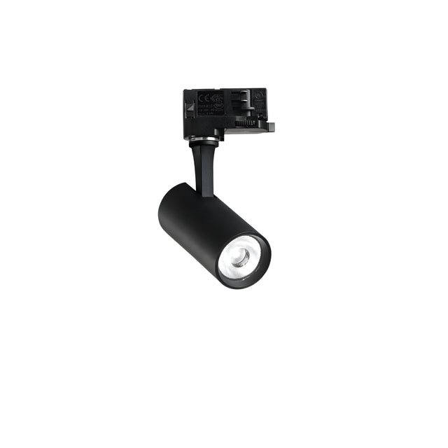 The Ignis LED Three Phase Track Spotlight 8W CRI80 3000K in black, featuring a cylindrical design, is showcased against a plain white background. This spotlight boasts an adjustable head and a compact base, ideal for mounting on track systems. It provides cozy 3000K illumination suitable for various settings.
