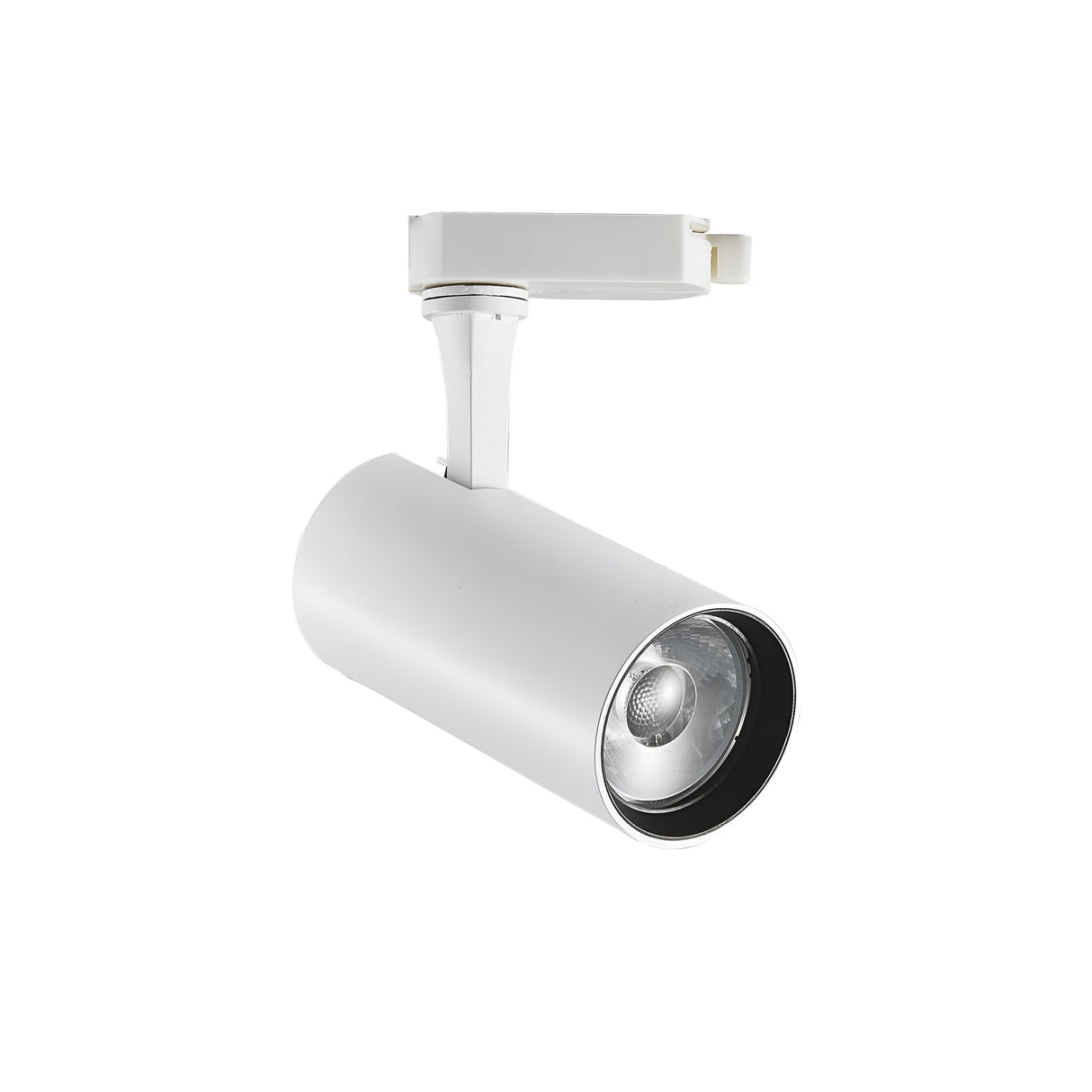 Introducing the Ignis LED Three Phase Track Spotlight 25W CRI80 3000K - White: a contemporary ceiling fixture with a cylindrical design and an adjustable head. This energy-efficient lighting solution boasts a sleek finish, seamlessly enhancing any plain white background.