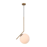 Niori Vetra pendant light with a 30cm opal glass globe held off-centre by a slim brushed gold angled arm, shown on a plain white background.