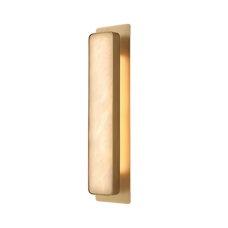 The Astrielle LED Vertical Alabaster Wall Light in soft white and brushed brass features a rectangular alabaster shade in a sleek brass frame, softly illuminated and set against a white background.