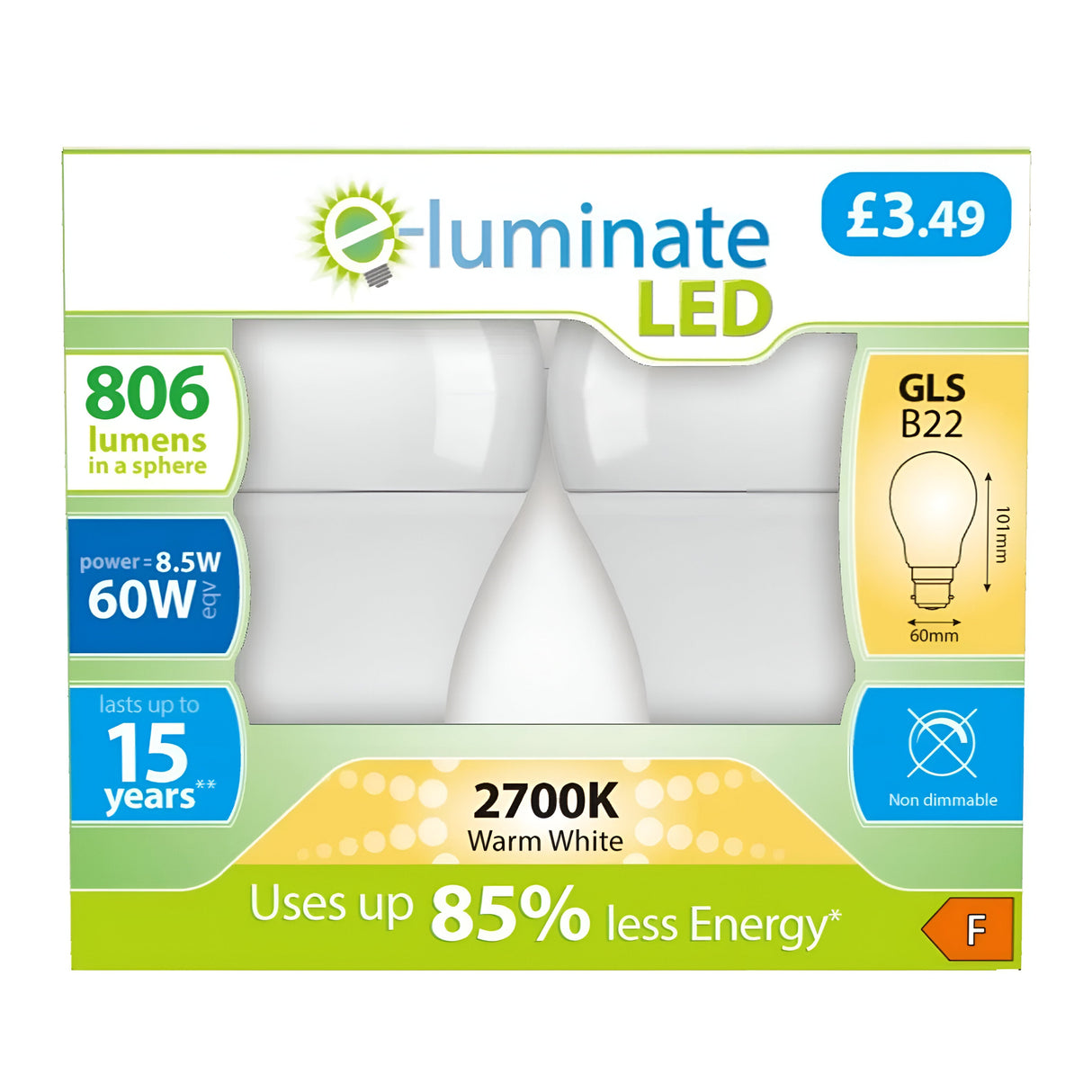 Packaging for the E-Luminate 8.5W Non-Dimmable LED GLS Bulb - Warm White, B22, 2700K (2 Pack) includes two energy-efficient bulbs. Specifications include: 806 lumens, consuming only 8.5 watts while providing the equivalent of a 60-watt bulb; non-dimmable with a warm white tone at 2700K; and designed to last up to 15 years. Priced at Â£3.49, these bulbs offer an impressive 85% energy saving, promoting a more sustainable home environment.